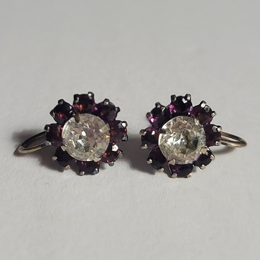 Vintage Round Sterling Purple Rhinestone Screw Back Earrings